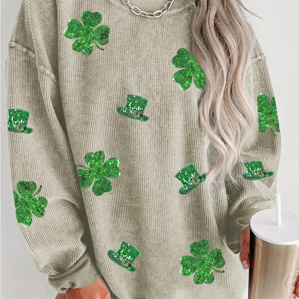 Shamrock Sequin Crewneck Sweater - Olive Green
